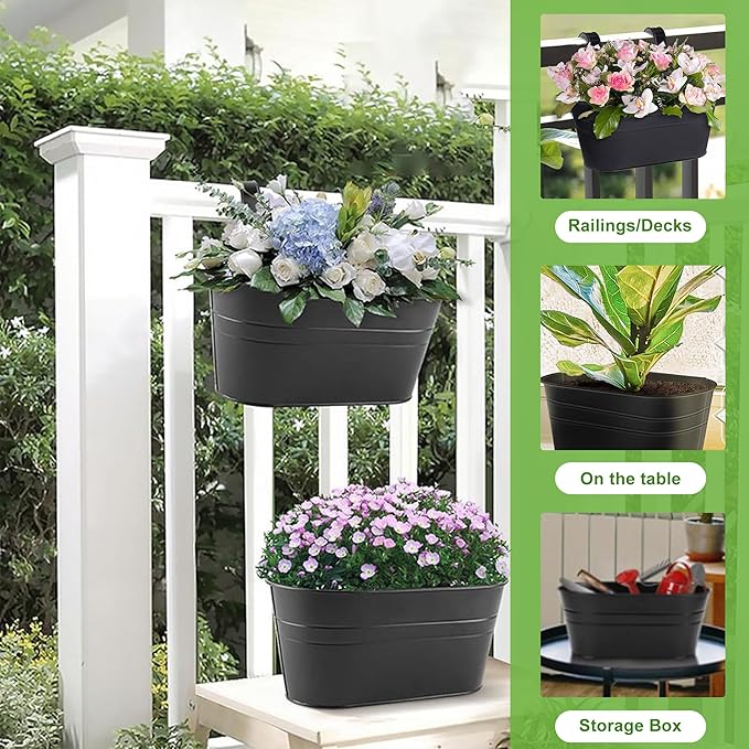 10.6" Oval Iron Hanging Flower Pots - Rust-Resistant Metal Planters with Detachable Hooks for Garden, Yard & Home Decor (Black，3 PCS)