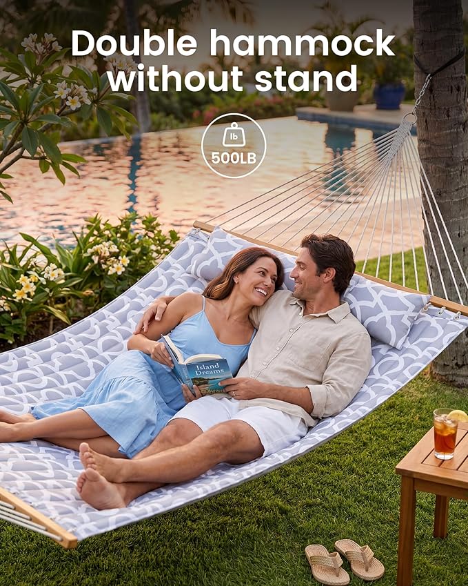 ANAGOO Double Quilted Outdoor Hammock for 2 Adults, 500lb Capacity Backyard & Camping Hammock with Pillow and Bamboo Spreader Bar, Fits 11–15ft Hammock Stands (Stand Not Included),White Gray