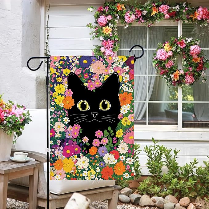Baccessor Spring Summer Funny Cat Garden Flag Double Sided 12.5 x 18 Inch Funny Black Cat Flower Floral Welcome Small Yard Flag Burlap Seasonal Yard Outdoor Outside Decoration