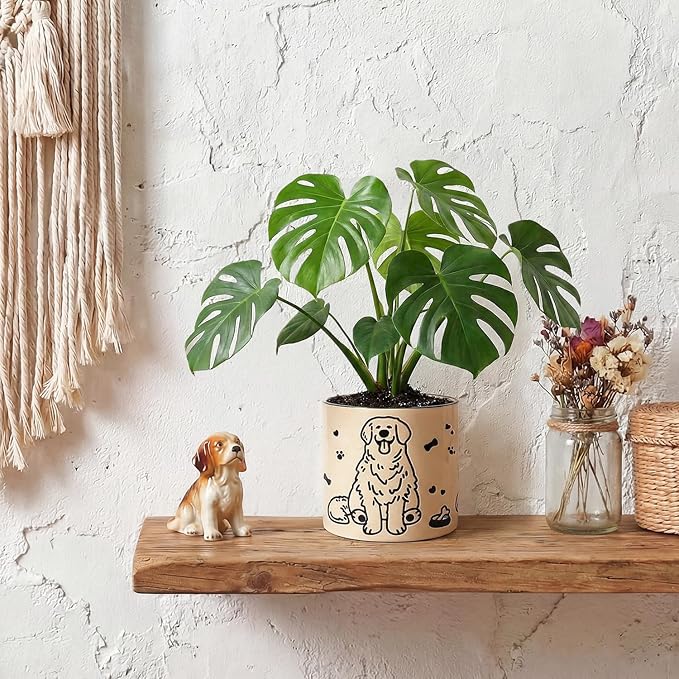 STHIE Ceramic Plant Pots with Drainage Holes, 5 inch Round Flower Pots for Indoor Plant, Cute Flower Planters for Snake Plant, Hand-Painted Garden Pots (Sitting Dog)