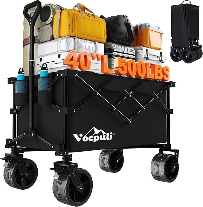 40" L Collapsible Wagon Cart Foldable, 500lbs Weight Capacity 250L Heavy Duty Folding Beach Wagons with Big All-Terrain Wheels, Utility Carts for Groceries, Shopping, Camping, Sports - Black