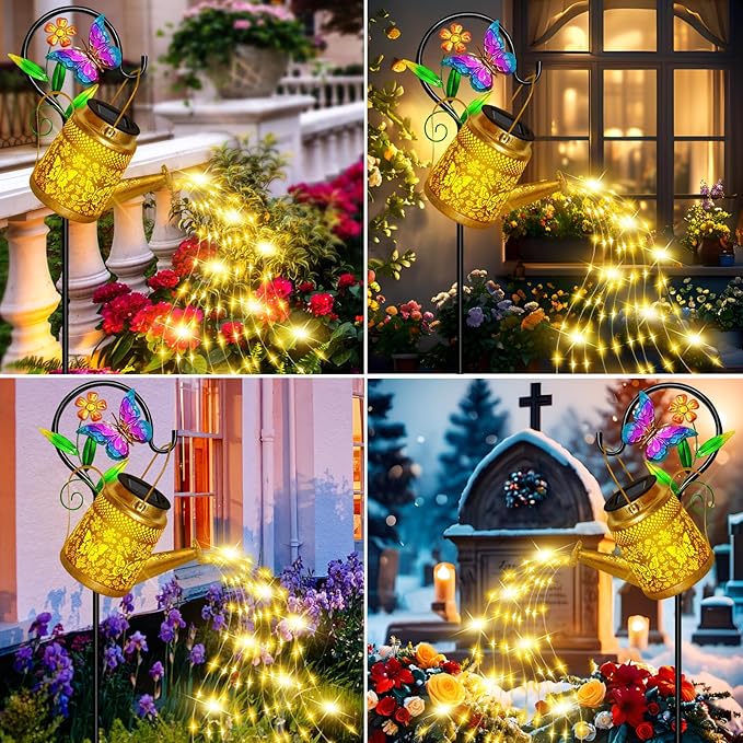 Solar Watering Can Lights Outdoor Garden Decor, Large Butterfly Hanging Lantern with Shepherd Hook, Waterproof Garden Lights for Outdoor Landscape Pathway Yard, Gift for Mom Grandma Mother Gifts