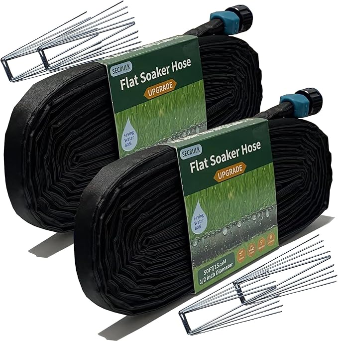Secbulk 2026 Flat Soaker Hose 100 ft with Stakes for Garden, 50ft x 2 Linkable Drip Hose Diy Garden Irrigation System Saving 80% Water, Dual-layer Leak-free Design Water Hose with Holes