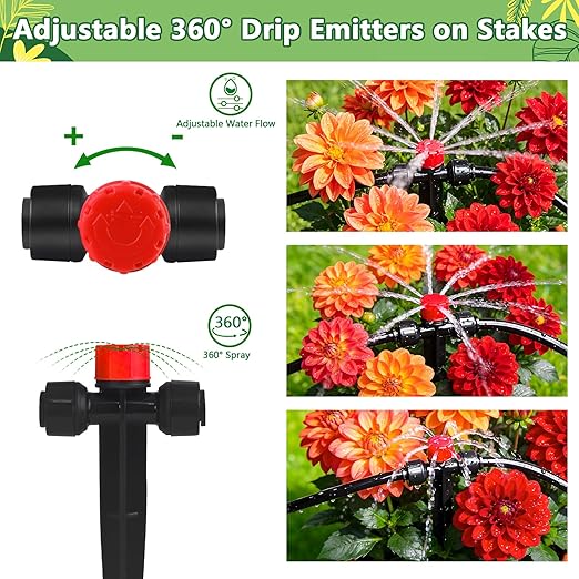 Push-to-Fit Drip Irrigation Emitters for 1/4" Drip Irrigation Tubing, 20 Pcs Adjustable 360 Degree Water Flow Drippers Sprayer on Stake 360° Full Circle Multi-Stream Irrigation In-line Dripper