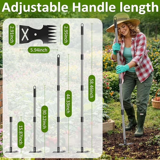 Weed Puller Tool with Long Handle-Vertical Adjustable Weeder, 2-in-1 Garden Hoe and Weeding Rake Combination, Weeding Tool for Garden, Lawn, Farm and Courtyard