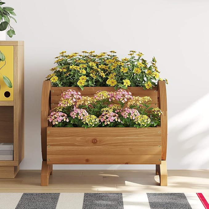 Wooden Wagon Planter Box, Standing Garden Planter, Decorative Outdoor Container,Coffee