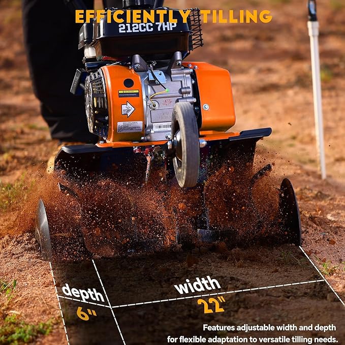 212cc 4-Cycle 7HP Gas Powered Tiller Cultivator - 22" Heavy-Duty Steel Tines Rototiller, Adjustable Wheels and Handle, Forward/Reverse for Plowing, Tilling, Weeding in Garden, Farm (Light Orange)