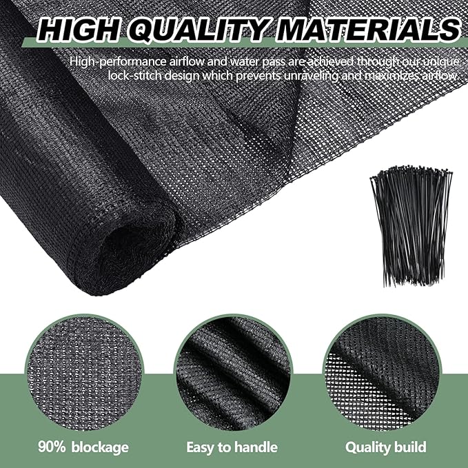 6 x 50 ft Black Shade Cloth Roll for Covering Garden 90% Mesh UV Resistant Net with Ties for Patio Outdoor Greenhouse Fence Flower Plant Cover Canopy