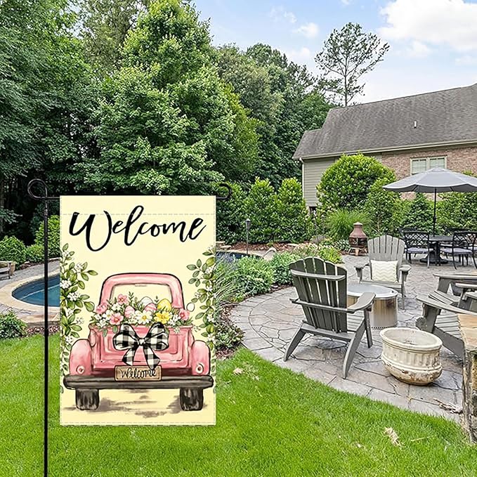 Vintage Pink Truck Garden Flag,12x18 Inch Spring Welcome Floral Design, Decorative Outdoor Double Sided Flag with Buffalo Check Bow, Farmhouse Style
