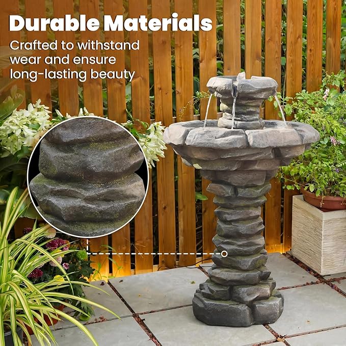 Sunlinua 29.7H Stone-Like Outdoor Water Fountain with LED Lights Italian Resin Garden Fountain for Patio Yard Weather-Resistant Cascading Waterfall Feature with Quiet Pump Elegant Backyard Décor