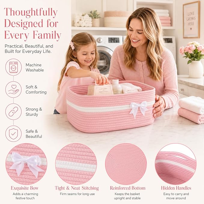 OIAHOMY Large Woven Storage Basket with Handles for Nursery Living Room Shelves, Bow Basket for Gifts Empty with Gift Bags and Ribbons for Baby Showers Pet Toy Bin - Pink, 25L