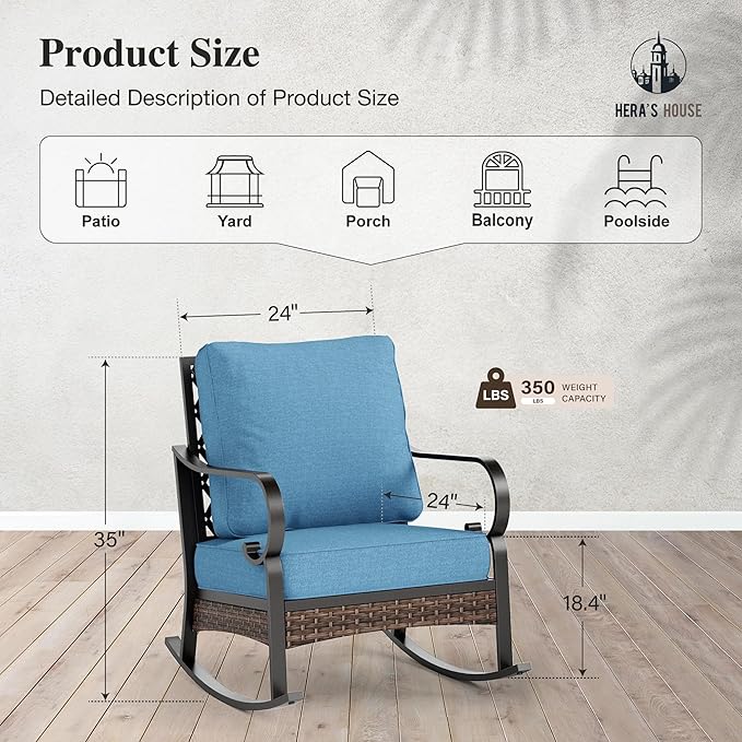 HERA'S HOUSE Patio Rocking Chairs Set of 2 with Thick Cushions, High Back Metal Outdoor Rockers, All Weather Garden Furniture for Backyard, Deck, Lawn, Navy Blue