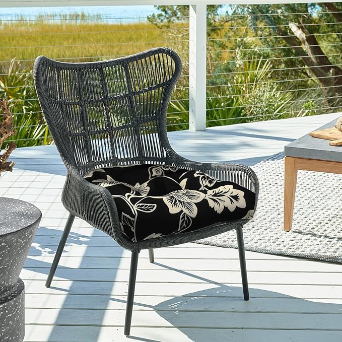DYTXIII Set of 2 Outdoor Chair Cushions 19"x19"x4", Water Repellent Tufted Patio Seat Cushions with Ties, Thick Replacement Pads for Wicker Dining Chairs, Patio Furniture, Vines Black