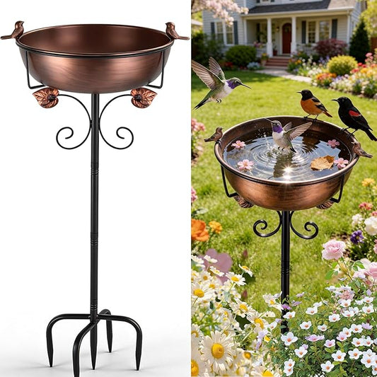 1.5 Gallon Metal Bird Bath for Outside, 38.18 Inch Vintage Freestanding Bird Bath with Upgraded 5 Pronged Base & Sturdy Metal Stake, Dual-Use Birdbath & Birdfeeder for Garden Patio Yard Lawn Decor