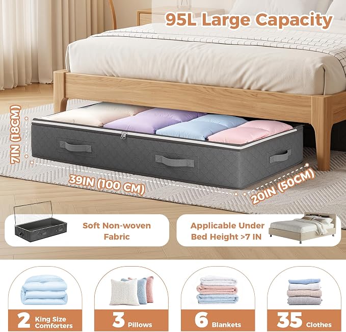 Budding Joy 95L Under Bed Storage Containers, 4 Pack Closet Organizers Grey | Foldable underbed storage bins for linen sheets, blanket, clothing, comforter, sweaters, pillows, wrapping paper