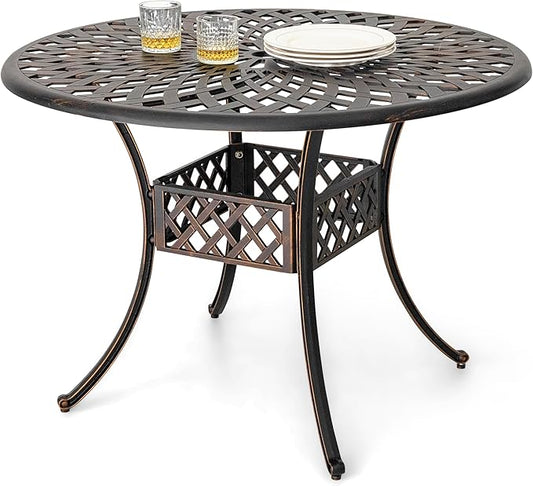 NUU GARDEN Cast Aluminum Outdoor Round Dining Table 42 Inch Patio Table with 2.24 Inch Umbrella Hole for Garden Backyard Balcony Black with Gold-Painted Edges