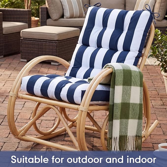 Hoteam 6 Pcs High Back Chair Cushions Set - 44'' x 21'' Indoor Outdoor Waterproof Soft Thicken Stripes Replaceable Cushion for Garden Summer Rocking Chair, Patio Furniture (Navy Blue Stripes)