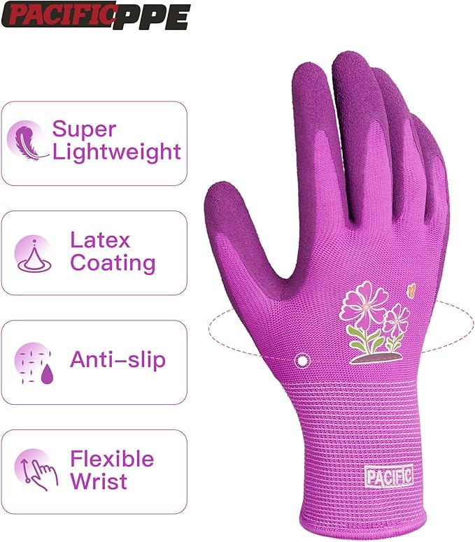 PACIFIC PPE 6 Pairs Gardening Gloves for women, Rubber Coated Garden Gloves, Ladies Yard Work Gloves, Breathable, Purple, Medium