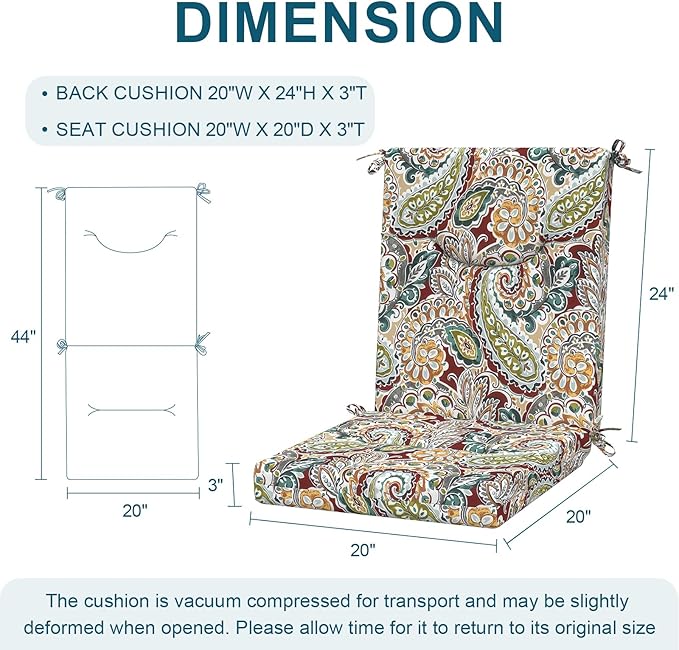 DYTXIII Outdoor High Back Chair Cushions Set of 2, 44x20 in Water Repellent Patio Seat Cushions with Elastic Sponge, All Weather Cushions for Rocking, Dining Chairs, Patio Furniture - Paisley Chilli