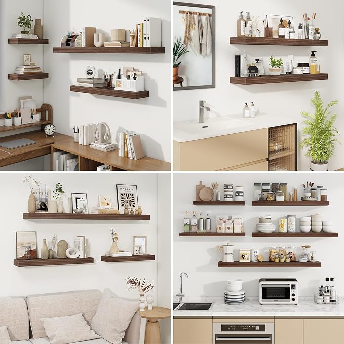 Floating Shelves for Wall, Wall Mounted Wood Shelves, Walnut, Set of 2, 48” | Wood Floating Shelf with Invisible Brackets for Living Room, Bathroom, Bedroom, Kitchen, Hanging Shelf for Storage and Decor