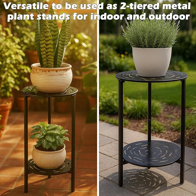 2-Tier Metal Round Side Table Black Accent Coffee Tables Small Space Corner Plant Stand Shelf for Indoor Outdoor Use Patio Balcony End Table Laser-Cut Floral Pattern Weather-Resistant