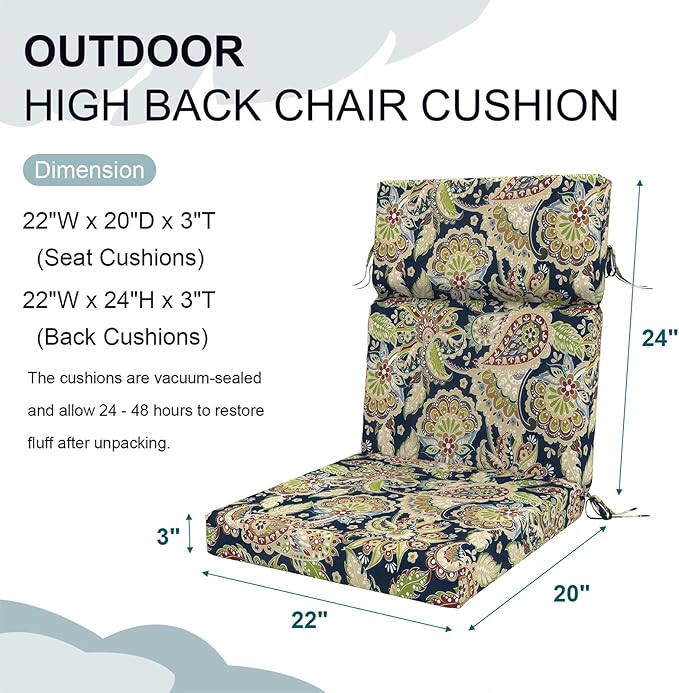 DYTXIII Outdoor High Back Chair Cushions Set of 2, 44"x22" Water Repellent Patio Seat Cushions with Elastic Sponge, All Weather Chair Pads for Rocking, Dining, Patio Furniture - Paisley Sapphire