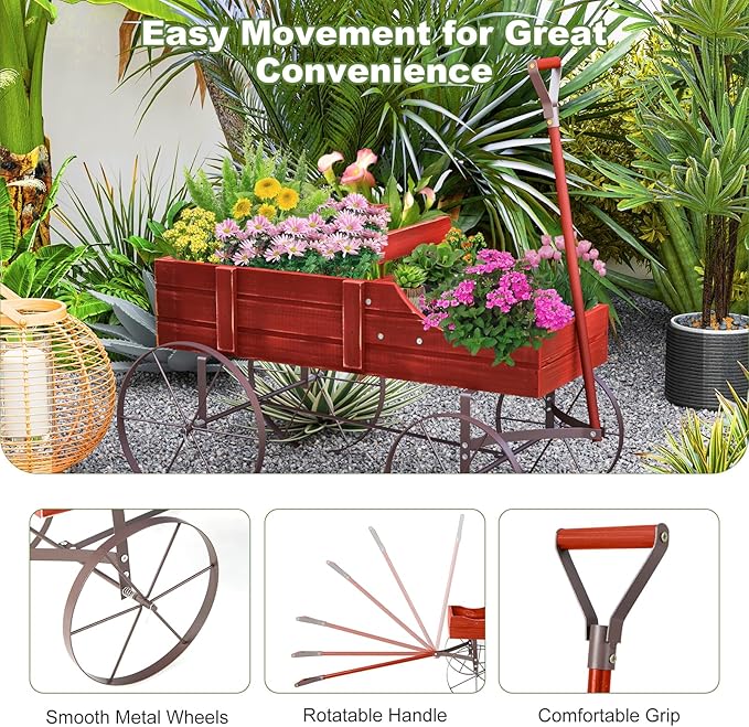 Wooden Wagon Planter, Decorative Flower Pots w/ 2 Planting Sections, Wheels & Handle, Rustic Farmhouse Garden Planter Box for Patio, Yard, Porch (Red)