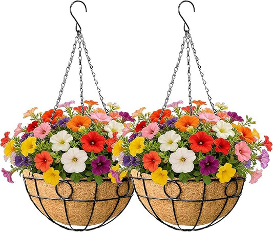 EIMQUVW Outdoor Hanging Planter Set (2 Pack) Durable Hanging Baskets with Coconut Fiber Lining and Chain 12 Inch Black Round Metal Flower Pots for Spring Summer Indoor and Outdoor Decorating