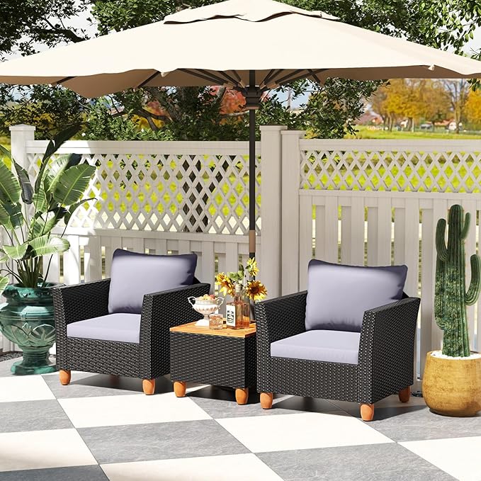 Tangkula 3 Pieces Patio Porch Furniture Set, PE Rattan Wicker Chair Conversation Set with Cushions and Storage Table, Outdoor Acacia Wood Bistro Set for Garden, Poolside (Grey)