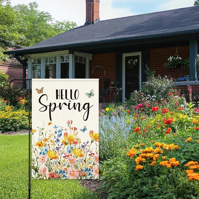 Hello Spring Flags for Outside,Floral Butterfly Garden Flag for Yard Patio Lawn Decoration,12x18 Inch Double Sided