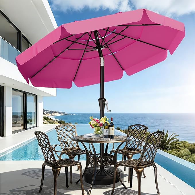 AreShark 9FT 3-Tiers Patio Umbrella with Valance, Outdoor Umbrellas with Crank/Tilt, Table Market Umbrella Vented w/ 8 Sturdy Ribs for Garden, Deck, Backyard, and Pool, Rose Pink