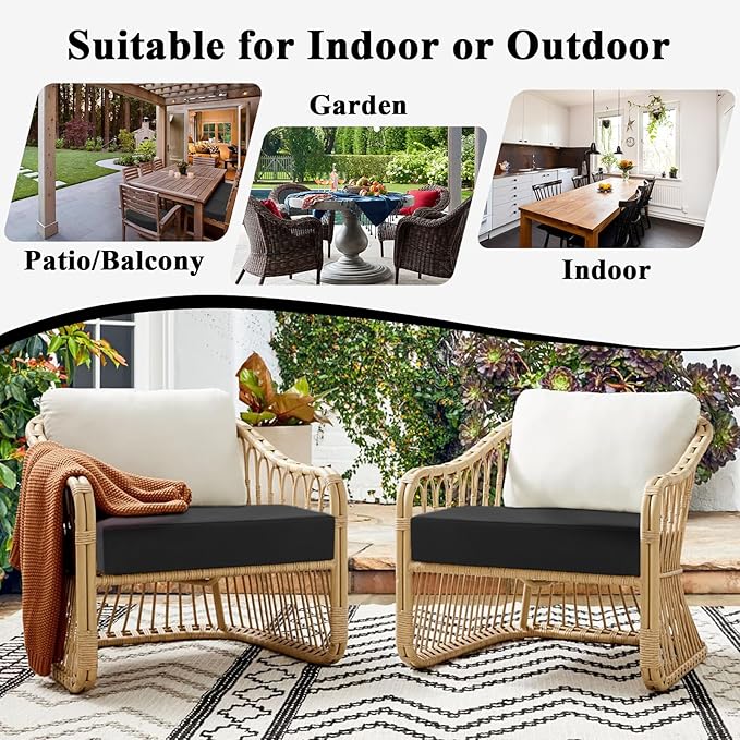Topotdor Outdoor Chair Cushions for Patio Furniture,Waterproof Patio Chair Cushions Set of 2,Indoor/Outdoor Round Corner Chair Seat Cushion with Ties,18"x18"x3" Black