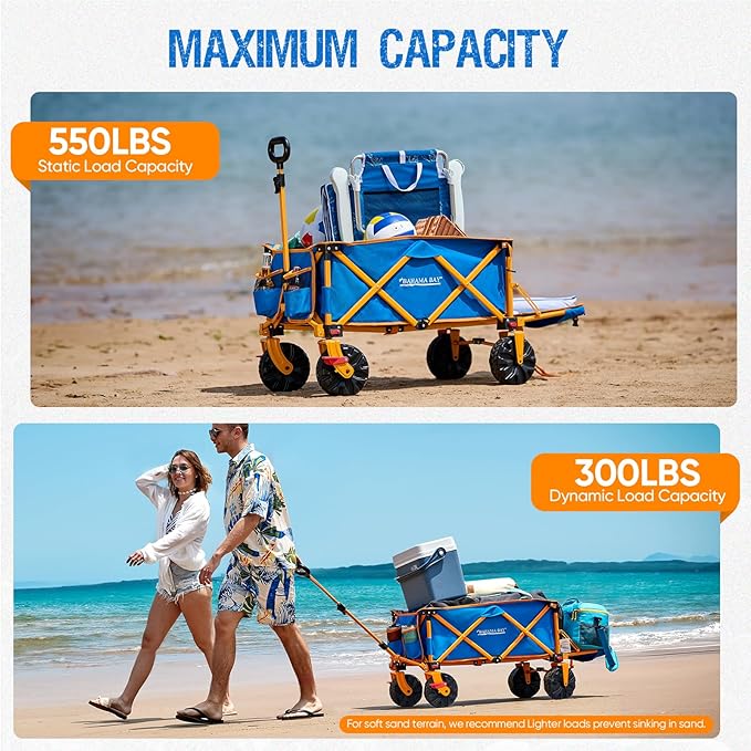 Old Bahama Bay 300lbs Extra Long 49" L Beach Wagon with Big Wheels with Brake for Sand, Collapsible Utility Beach Cart Heavy Duty Folding Wagon,Ideal for Outdoor Sand Camping Garden Pet