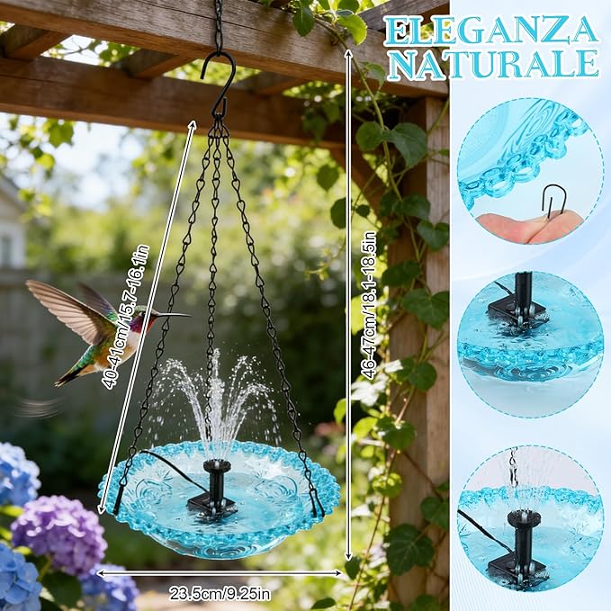 Hanging Bird Bath Fountain, Cascading Outdoor Birdbath with Glass Bowl, USB-Powered Water Feature for Garden, Patio, Yard Decor, Attracts Hummingbirds & Wild Birds
