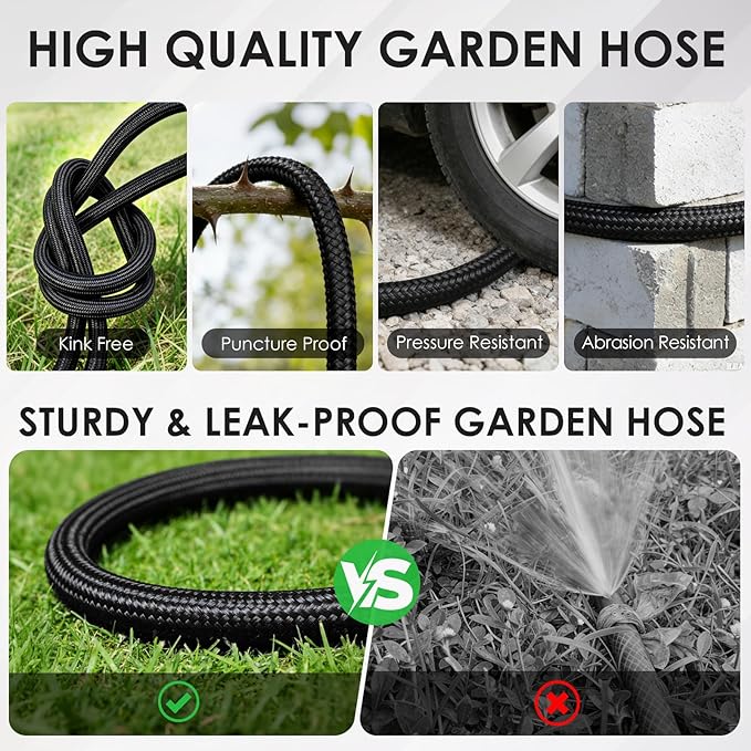 Garden Hose 25 FT, Non-Expanding Lightweight Water Hose with 10 Function Nozzle, Flexible, Kink Free, Wear-Resistant Fabric Leak Proof Garden Hoses for Outdoor, Yard, Lawn, Car, Marine, RV, Pet Bath