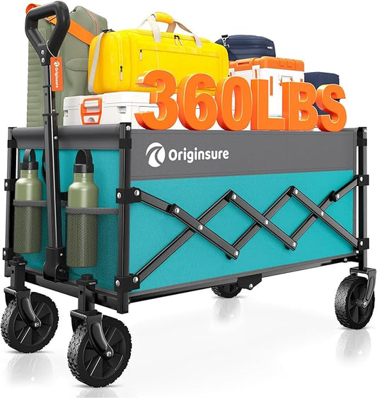 Originsure Collapsible Wagon Cart Foldable - Lightweight Portable Heavy Duty Folding Beach Wagons with Wheels - Utility Carts for Grocery, Camping, Shopping with Large Capacity - Grey&Turquoise
