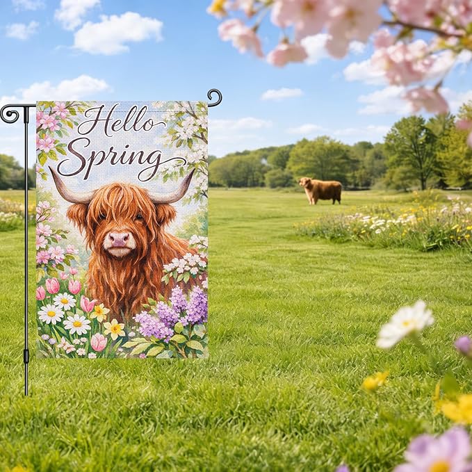 Heyfibro Hello Spring Highland Cow Garden Flag 12x18 Inch Double Sided Floral Farmhouse Yard Flag for Outside House Porch Seasonal Spring Outdoor Decorations