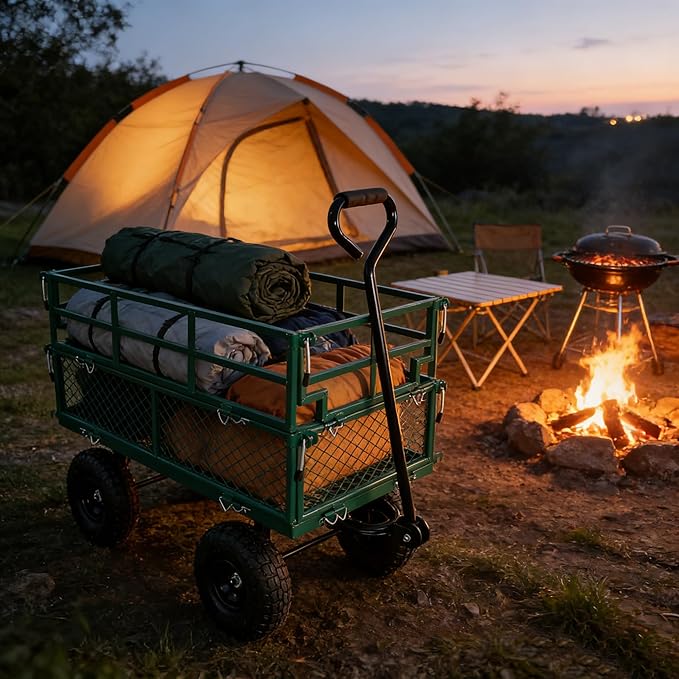 Steel Garden Cart 600 lbs Capacity Heavy Duty Garden Wagons,with Removable Steel Mesh Sides to Convert into Flatbed,Utility Metal Wagon w/ 180°Rotating Handle (Green-Pneumatic-Double Height)