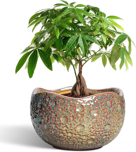 10 Inch Plant Pot - Ceramic Planter with Drainage Hole and Plug, Unique Round Planters for Indoor Outdoor Plants, Decorative Planters, Home Decor, Gardening Gifts for Women, Speckled-Brown