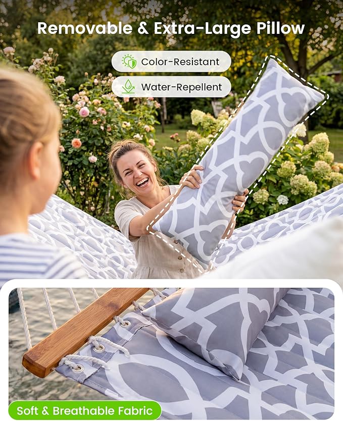 ANAGOO Double Quilted Outdoor Hammock for 2 Adults, 500lb Capacity Backyard & Camping Hammock with Pillow and Bamboo Spreader Bar, Fits 11–15ft Hammock Stands (Stand Not Included),Light Gray