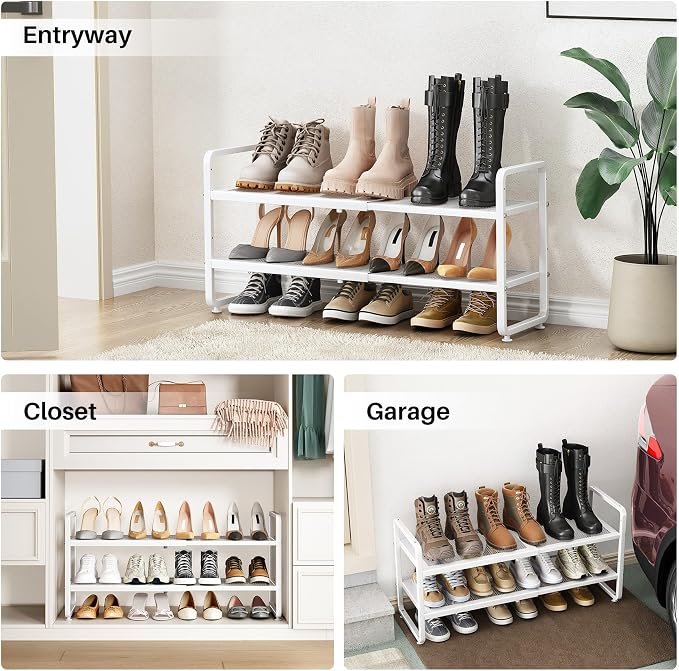 Expandable Metal Shoe Rack for Closet, Entryway & Garage, 2-Tier, White
