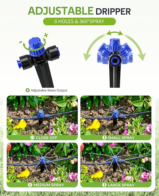 HIRALIY 15 Piece Quick-Connect Drip Irrigation Emitters for Drip Irrigation Kit Series 1/4 inch Tubing, 8 Holes Adjustable Water Flow Dripper with Stake