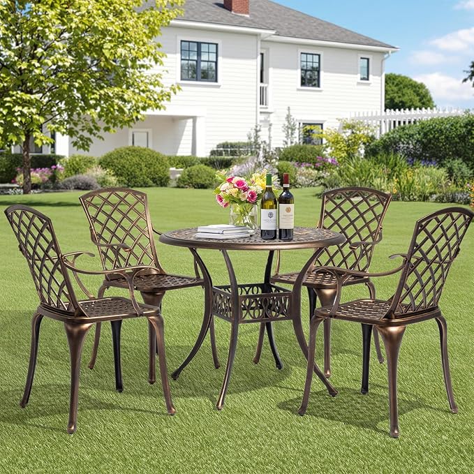 VINGLI Outdoor Dining Chairs Set of 4 Aluminum Patio Chairs, Cast Aluminum Patio Furniture Aluminum Outdoor Chairs for Backyard, Poolside, Balcony Bronze (4, Grid Back Without Cushion)