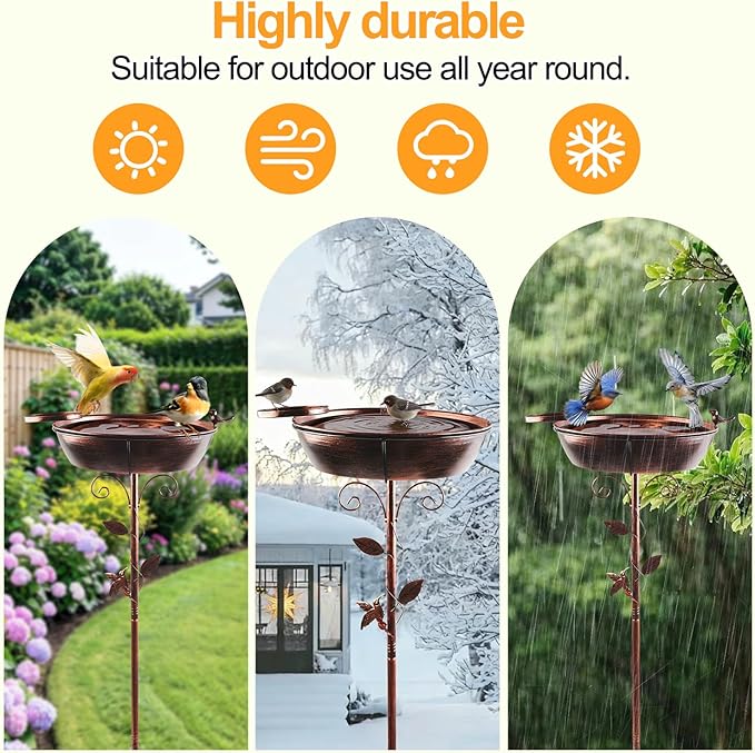 3" Deep 40" Tall Metal Bird Bath for Outdoors, 13" Dia 2-in-1 Removable Bird Baths Feeder Water Bowl, Vintage Standing Birdbaths with Stable Stake for Garden Yard Lawn Decor 1.5 Gallon