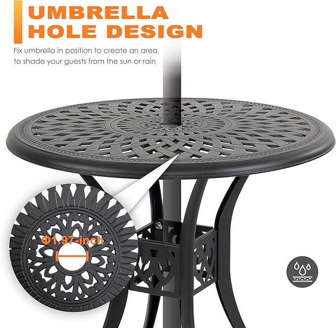 NUU GARDEN 30 Inch Patio Dining Table, Cast Aluminum Round Outdoor Table with Umbrella Hole for Patio, Backyard, Deck-Black