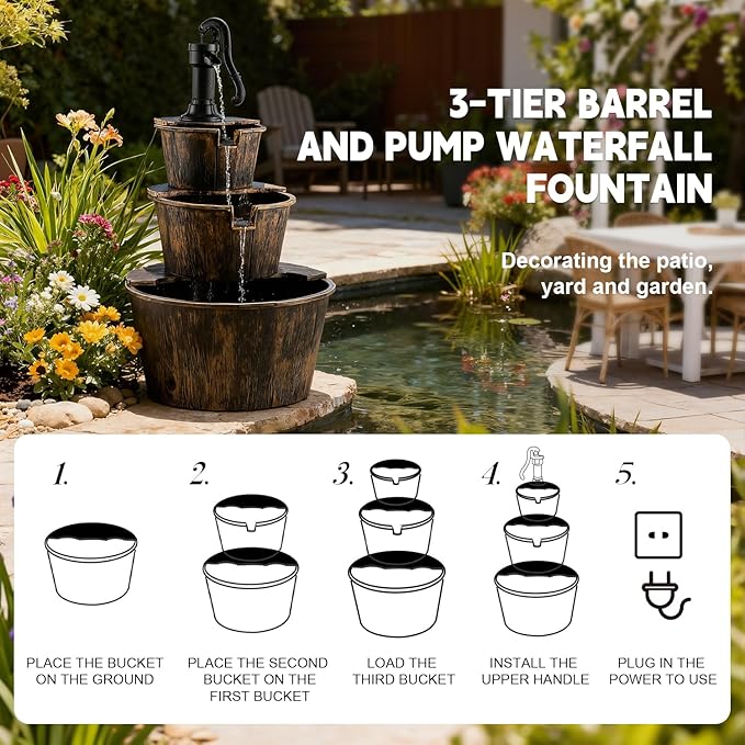 3-Tier Freestanding Rustic Barrel Waterfall Fountain,40-Inch Wood Outdoor Water Fountain with Pump for Garden,Patio, Backyard and Porch