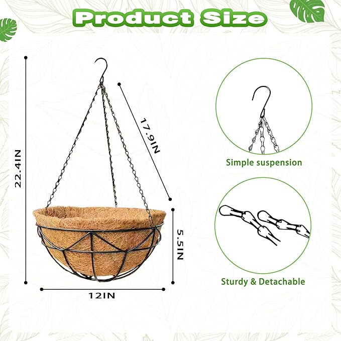 4 Pack 12 Inch Metal Outdoor Hanging Baskets Black Heavy Duty Hanging Planters with Coco Liners for Indoor Outdoor Plants Gardens Patios Terraces（Geometric）