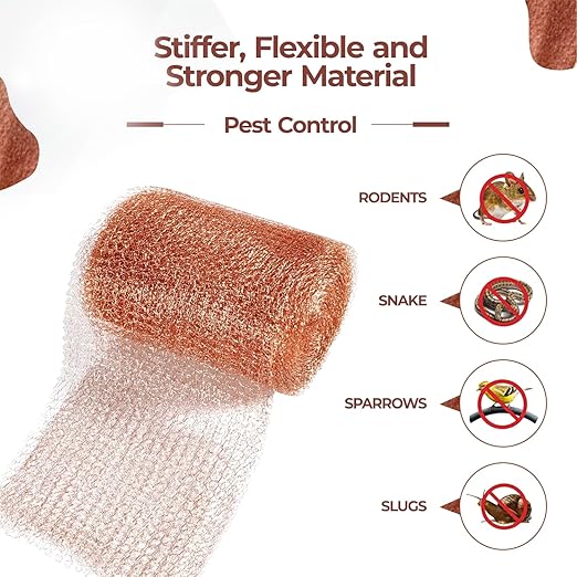 Copper Mesh Roll for Rodent Control | 4 Inch x 16 Feet | Pack of 2 Rustproof Copper Mesh | Rodent Bat and Snail Barrier | Hole Blocker for Gardening Pipes and Water Openings | Includes Scissor
