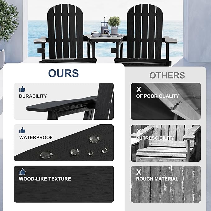 Vongrasig Adirondack Chairs Set of 2 with Removable Tabletop, Outdoor HDPE Plastic Fire Pit Chair Set with Wooden Textured, Cup Holder for Patio, Poolside, Deck, Garden, Black, 3 Pieces