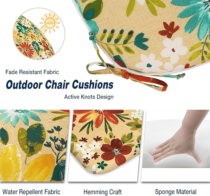 Outdoor 16"x17" Chair Pads Set of 4, Water Resistant Patio Chair Cushions with Ties, Seat Cushions for Home Garden Furniture Decoration, Flower Multi